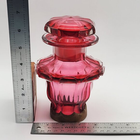 Vintage Cranberry Glass Apothecary or Dresser Jar with Mushroom Stopper 6 1/2" H - Picture 11 of 12